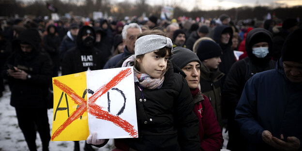Ein Kind hält ein Plakat auf denen die Buchstaben "AfD" durchgestrichen sind, im Hintergrund sieht man eine Menschenmenge Ein Kind hält ein Plakat auf denen die Buchstaben "AfD" durchgestrichen sind, im Hintergrund sieht man eine Menschenmenge