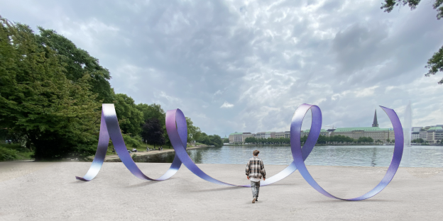 Visualisierung einer überdimensionalen lila Luftschlange Visualisierung einer überdimensionalen lila Luftschlange