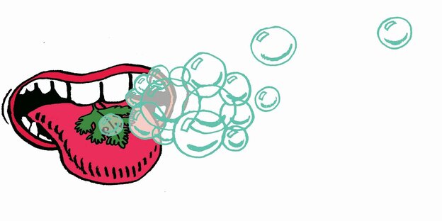 Ein geöffneter Mund mit einem Korianderblatt auf der Zunge. Aus dem Mund steigen Seifenblasen auf Ein geöffneter Mund mit einem Korianderblatt auf der Zunge. Aus dem Mund steigen Seifenblasen auf