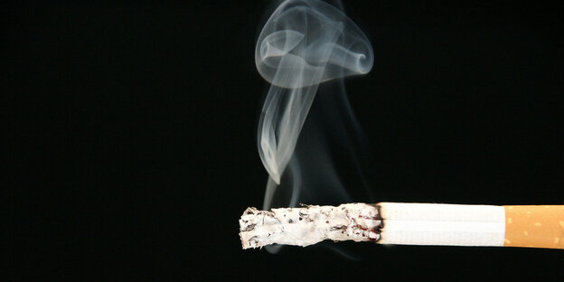 Eine brendende Zigarette mit aufsteigendem Qualm Eine brendende Zigarette mit aufsteigendem Qualm