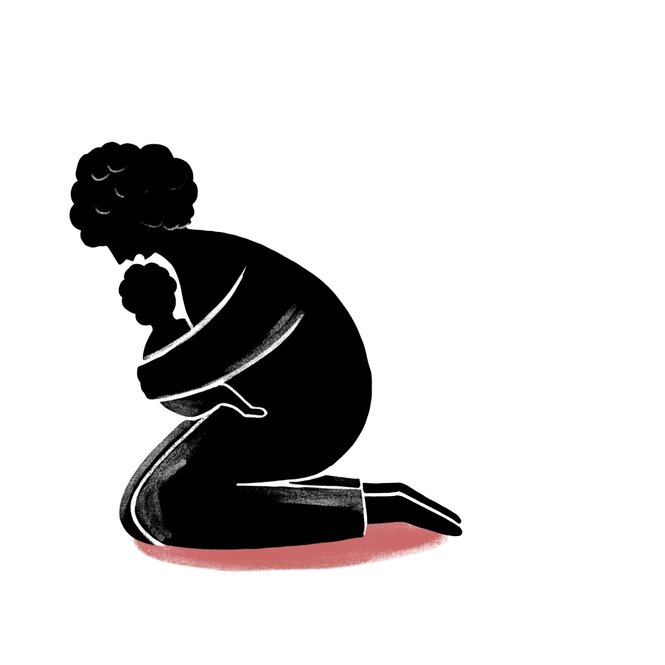 Silhouette einer Frau, die auf dem Boden kniet und schützend die Arme um ein Kind gelegt hat, Illustration